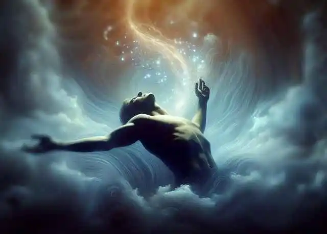 Uomo a torso nudo avvolto da nubi che rappresentano Le Profondità dell'Animo Umano da cui si esce fuori